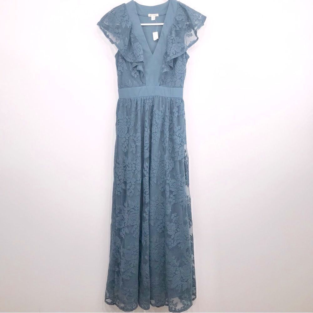 Francesca’s Miami Slate Blue Lace Sleeveless Modest Maxi Dress- New With Tags